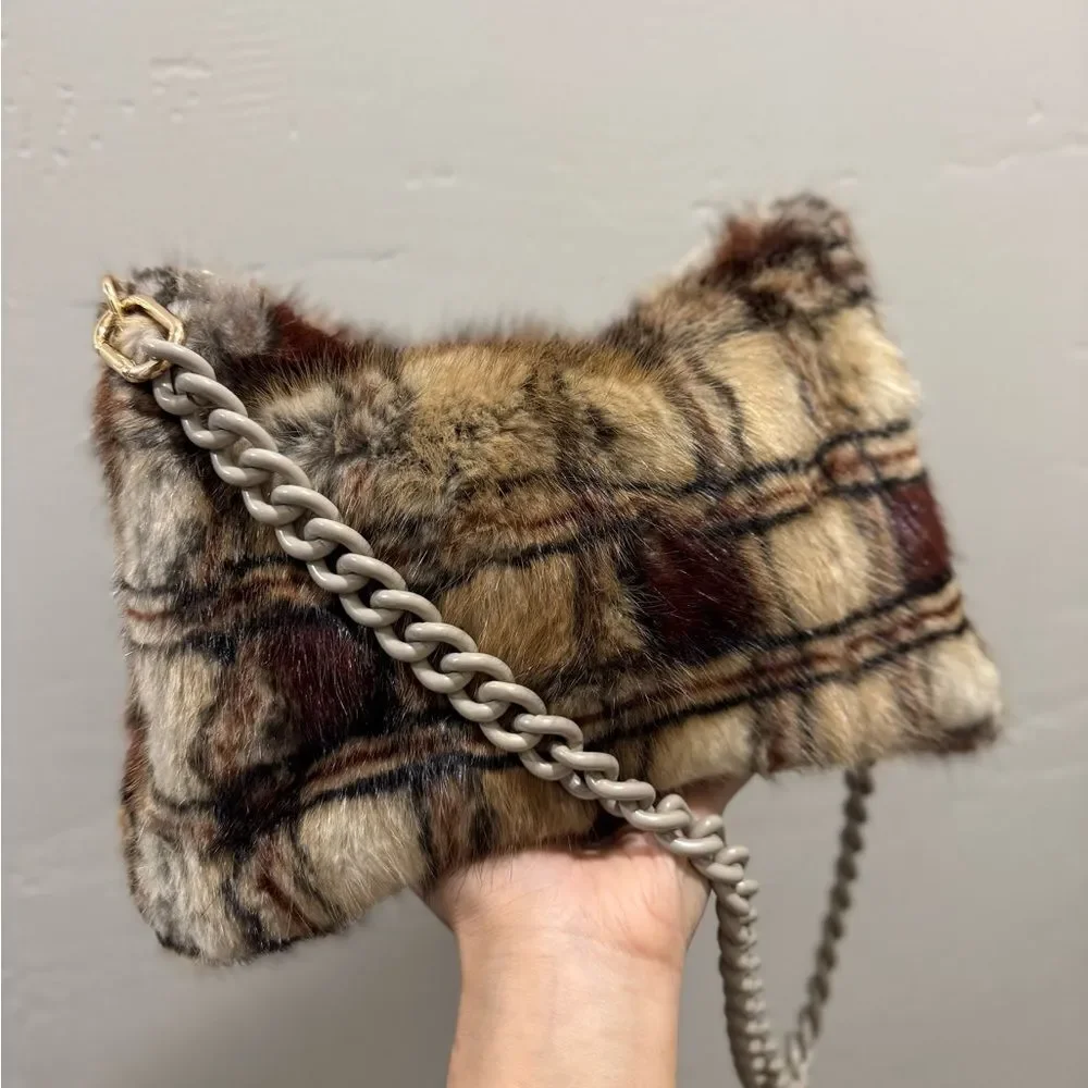 Plaid Print Real Muskrat Fur Handmade Slouchy Bag/Shoulder Bag/Crossbody